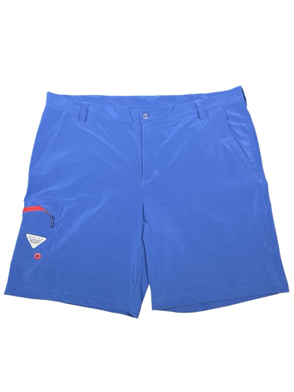 Columbia PFG Fishing Shorts 42W 10L Blue Stretch Polyester Red Zip Pocket